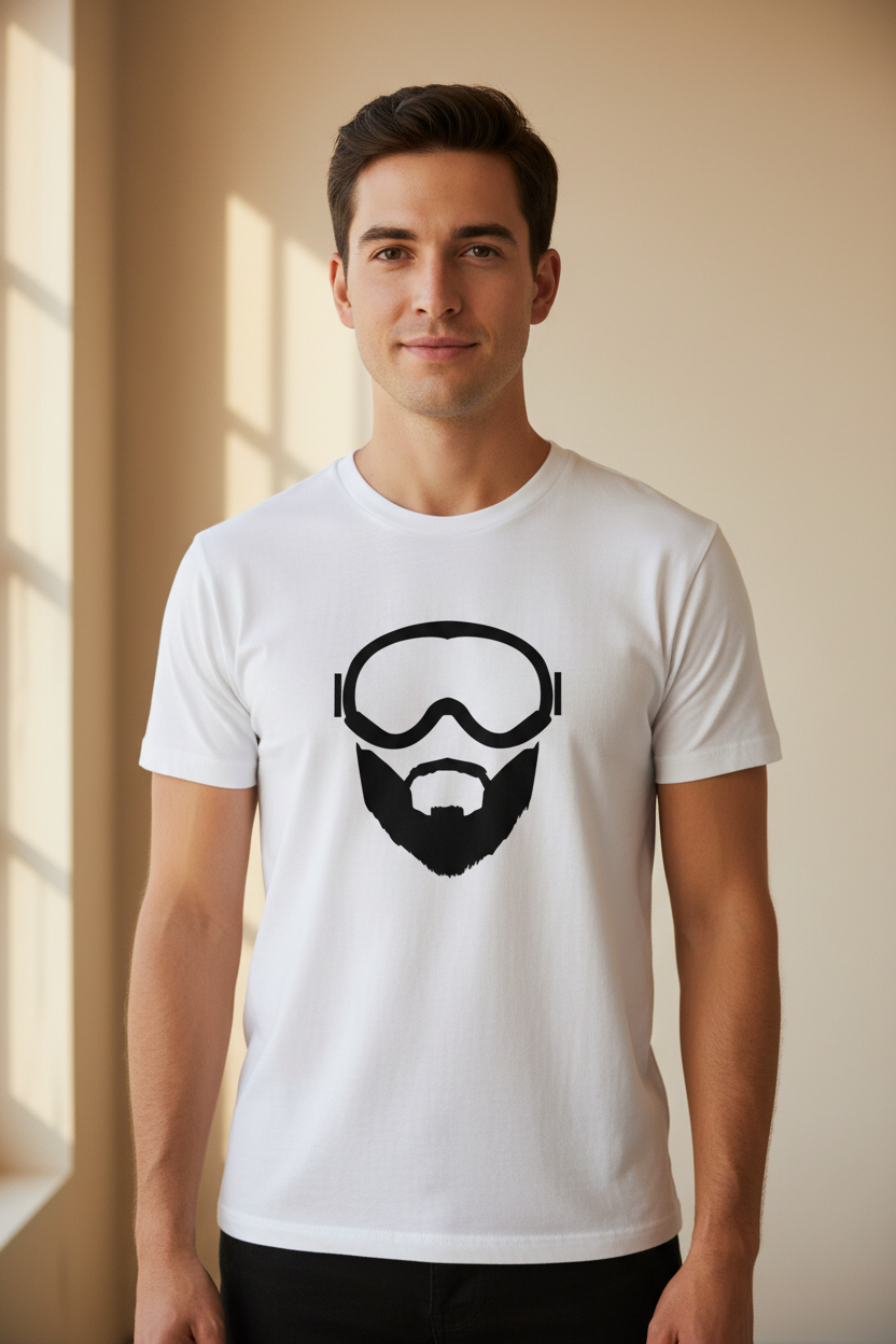 Bearded man with goggles lifestyle foto licht beige achtergrond